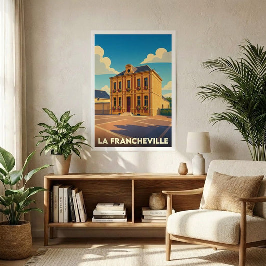 Affiche souvenir de la ville de La Francheville avec une illustration stylisée.