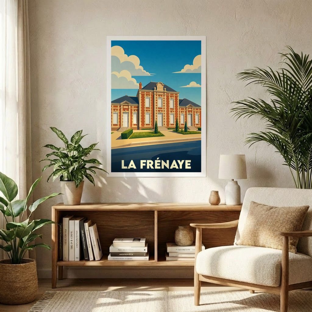 Affiche souvenir de la ville de La Frénaye avec une illustration stylisée d'un bâtiment remarquable.