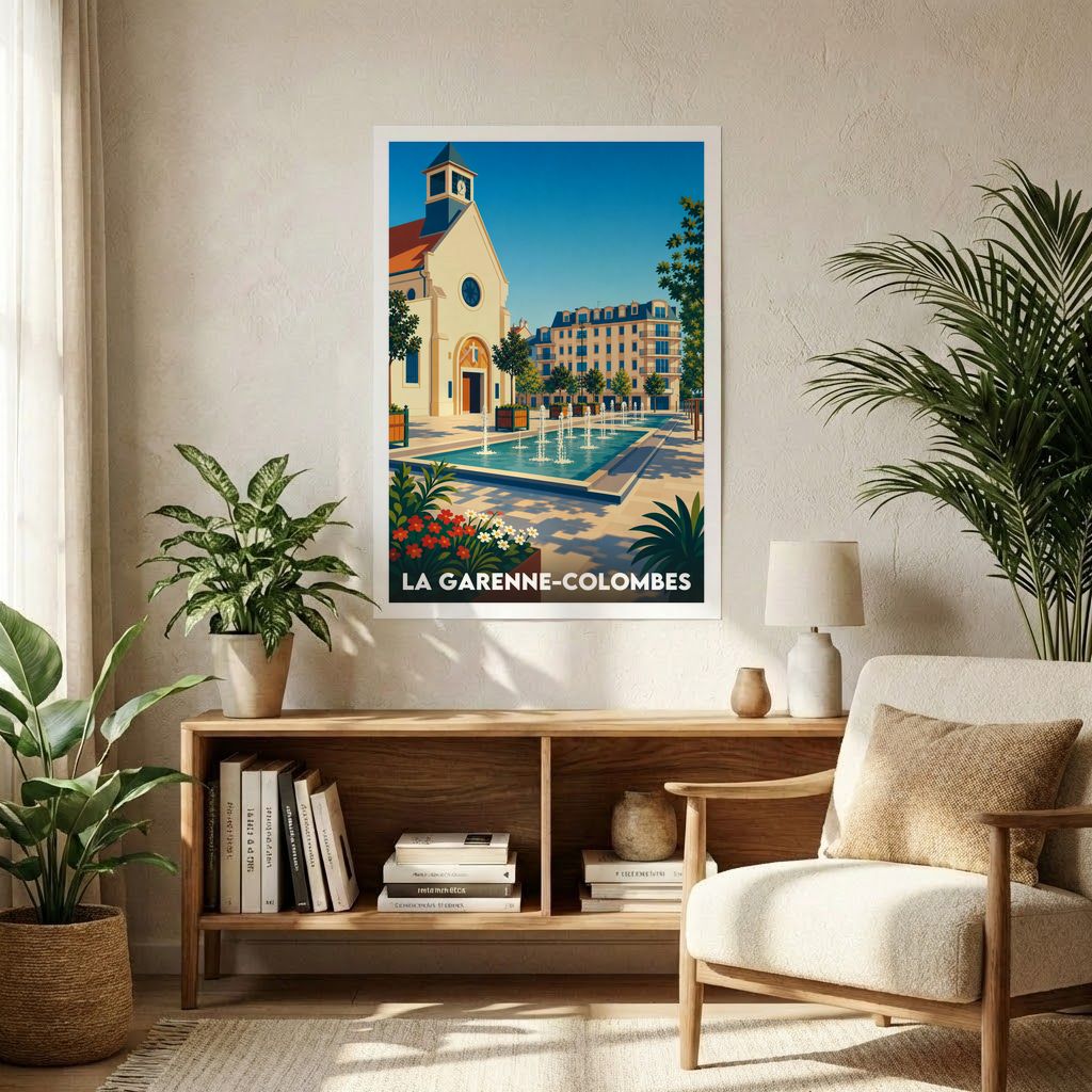 Affiche souvenir de la ville de La Garenne-Colombes avec une illustration stylisée de son église et de sa fontaine.