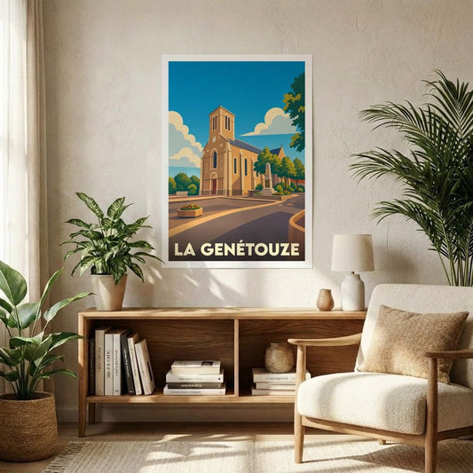 Affiche souvenir de la ville de La Genétouze avec une illustration stylisée de son église.