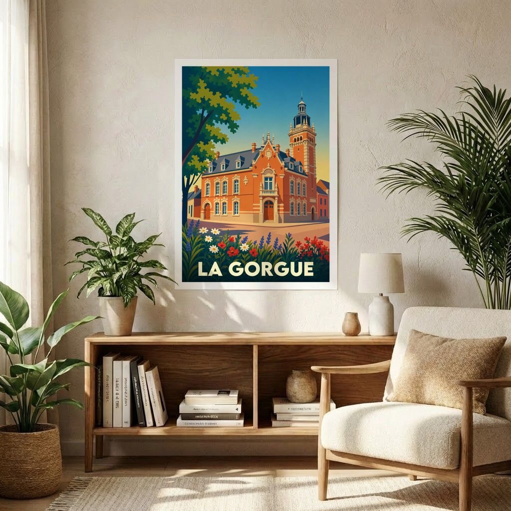 Affiche souvenir de la ville de La Gorgue avec une illustration stylisée de son hôtel de ville et de son beffroi.