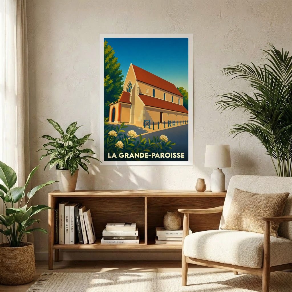 Affiche souvenir de la ville de La Grande-Paroisse représentant son église dans un style graphique et coloré.