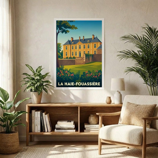 Affiche souvenir de la ville de La Haie-Fouassière présentant une illustration stylisée de château dans un décor verdoyant.