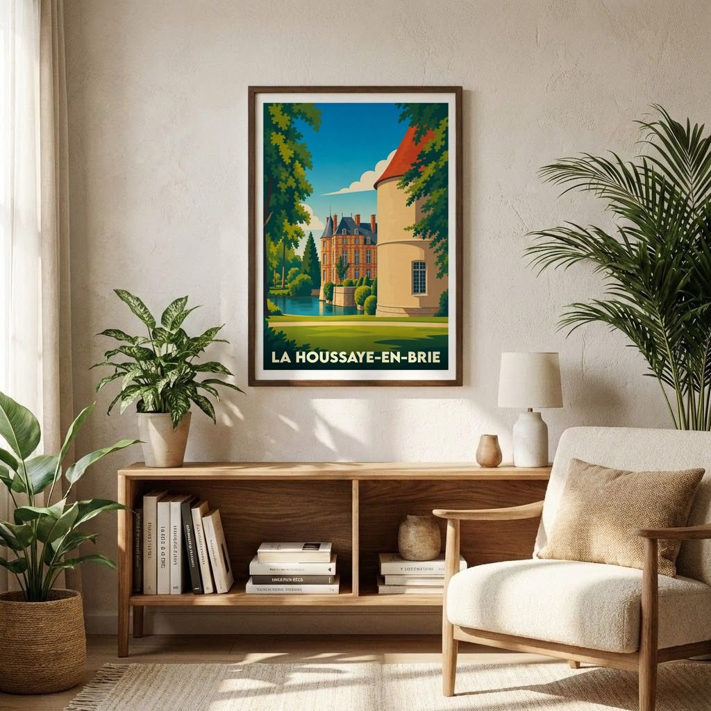 Affiche souvenir de la ville de La Houssaye-en-Brie représentant son château dans un style graphique rétro.