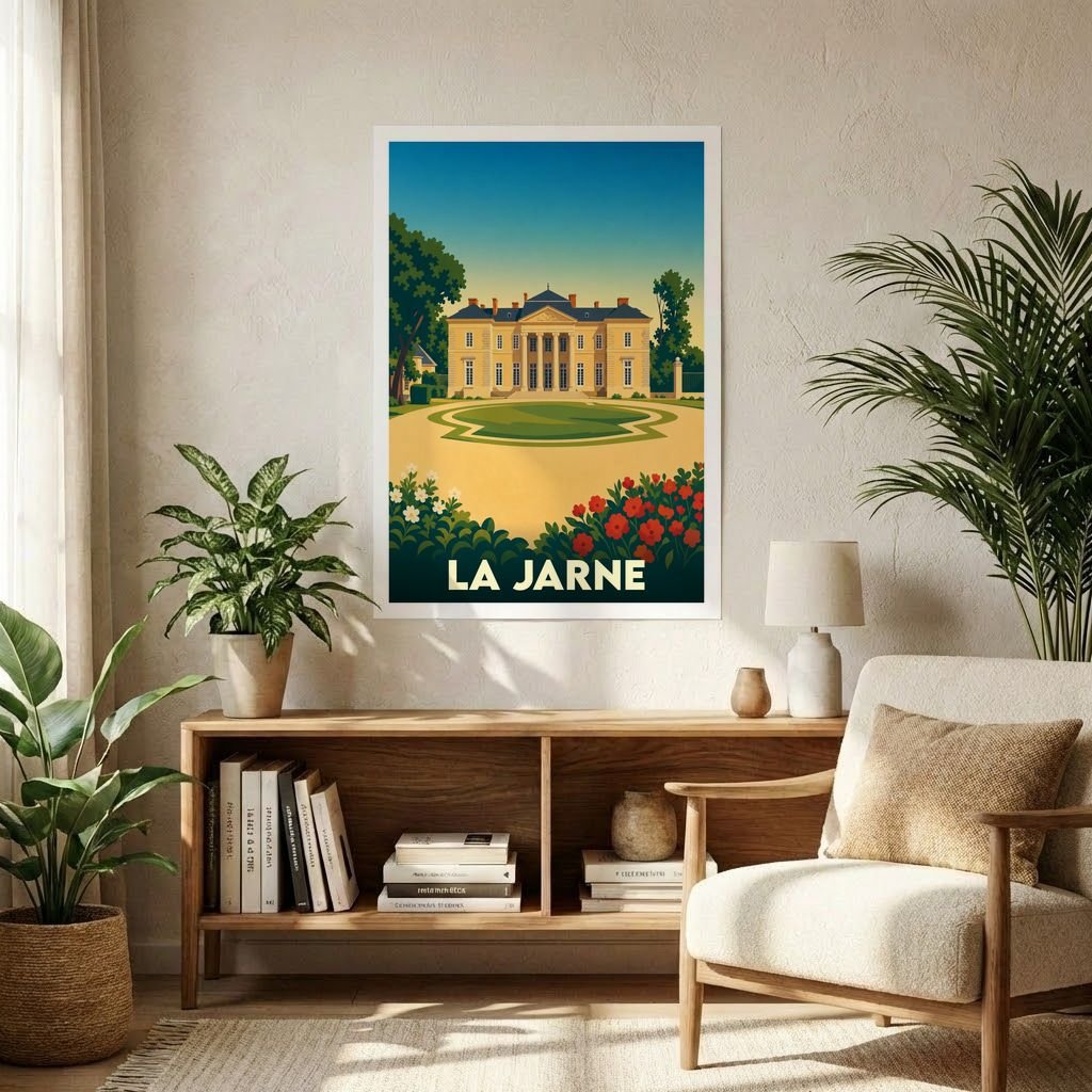 Affiche souvenir de la ville de La Jarne avec une illustration stylisée de son patrimoine architectural.