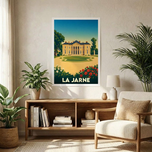 Affiche souvenir de la ville de La Jarne avec une illustration stylisée de son patrimoine architectural.