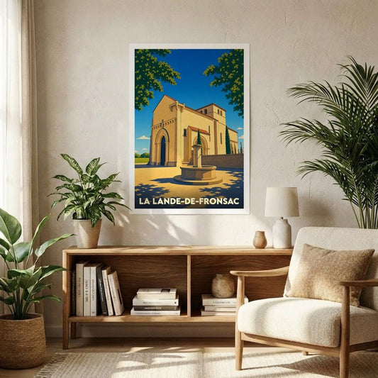 Affiche souvenir de la ville de La Lande-de-Fronsac avec une illustration stylisée d'une église et d'une fontaine.