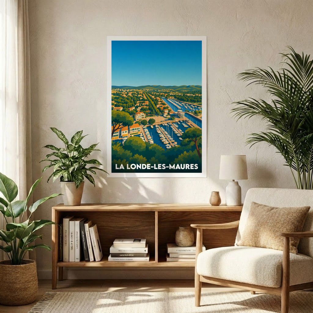 Affiche souvenir de la ville de La Londe-les-Maures avec une illustration stylisée de son port et de son littoral.