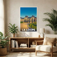 Affiche souvenir de la ville de La Loupe avec une illustration stylisée.