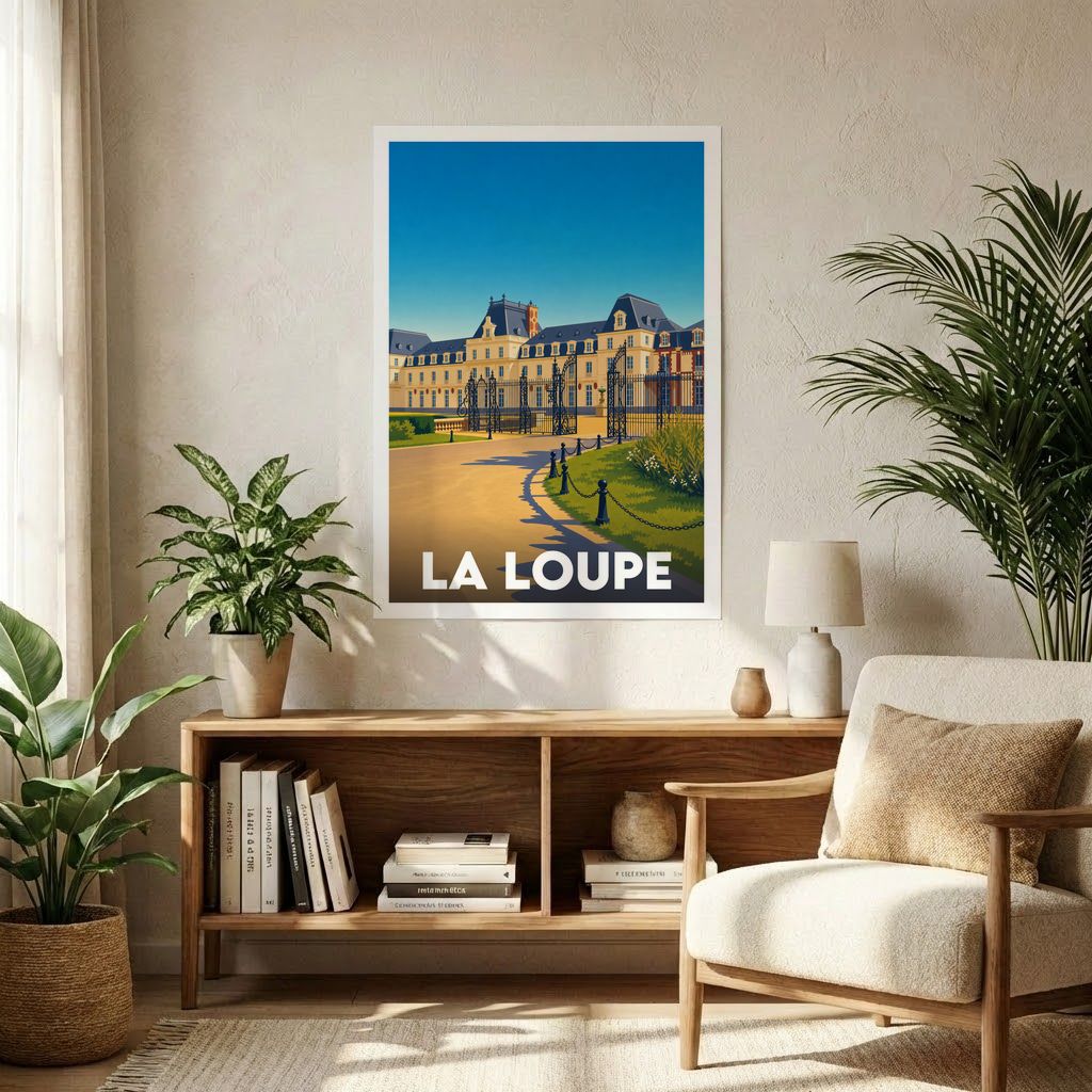 Affiche souvenir de la ville de La Loupe avec une illustration stylisée.