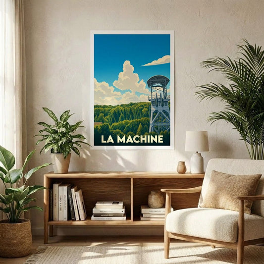 Affiche souvenir de la ville de La Machine représentant un chevalement de mine dans un paysage boisé stylisé.