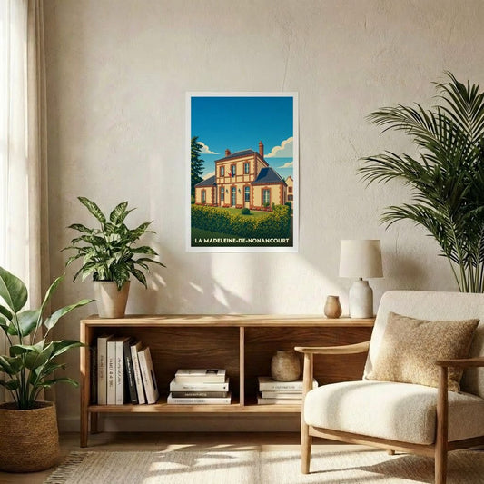Affiche souvenir de la ville de La Madeleine-de-Nonancourt avec une illustration stylisée d'une bâtisse traditionnelle.