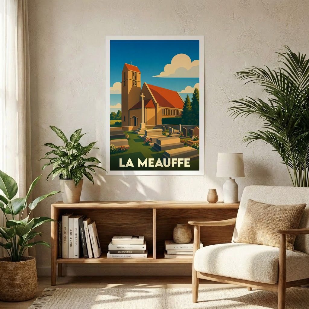 Affiche souvenir de la ville de La Meauffe avec une illustration stylisée de son église et de son cimetière.