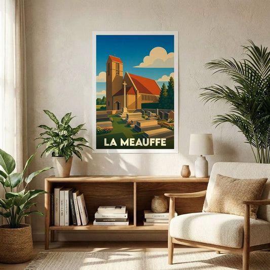 Affiche souvenir de la ville de La Meauffe avec une illustration stylisée de son église et de son cimetière.