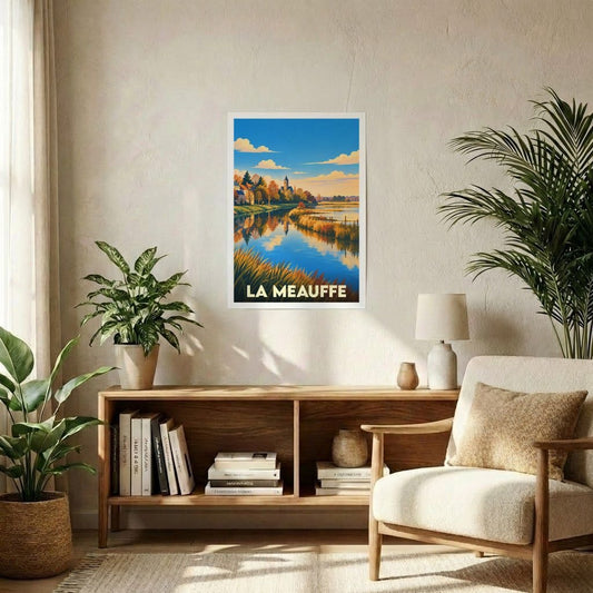 Affiche souvenir de la ville de La Meauffe avec une illustration stylisée d'un paysage fluvial.