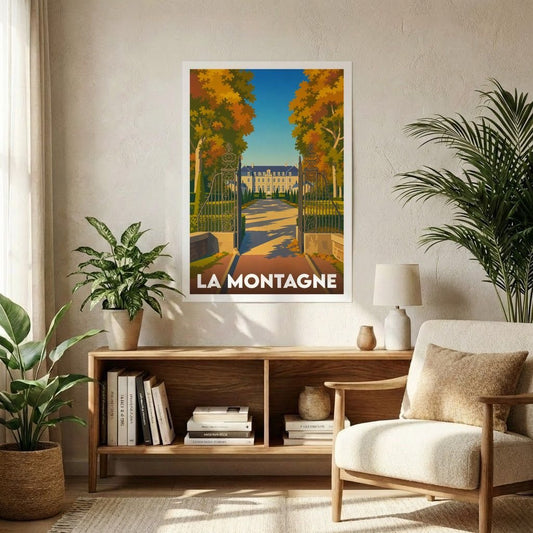 Affiche souvenir de la ville de La Montagne avec une illustration stylisée d'un domaine arboré.