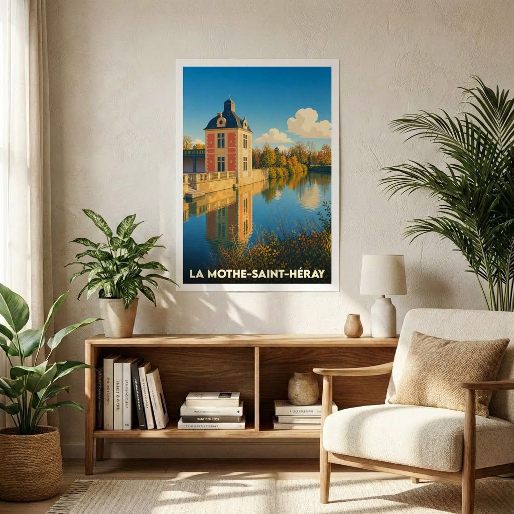 Affiche souvenir de la ville de La Mothe-Saint-Héray avec une illustration stylisée des bords de Sèvre.