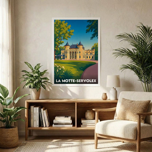 Affiche souvenir de la ville de La Motte-Servolex avec une illustration stylisée.