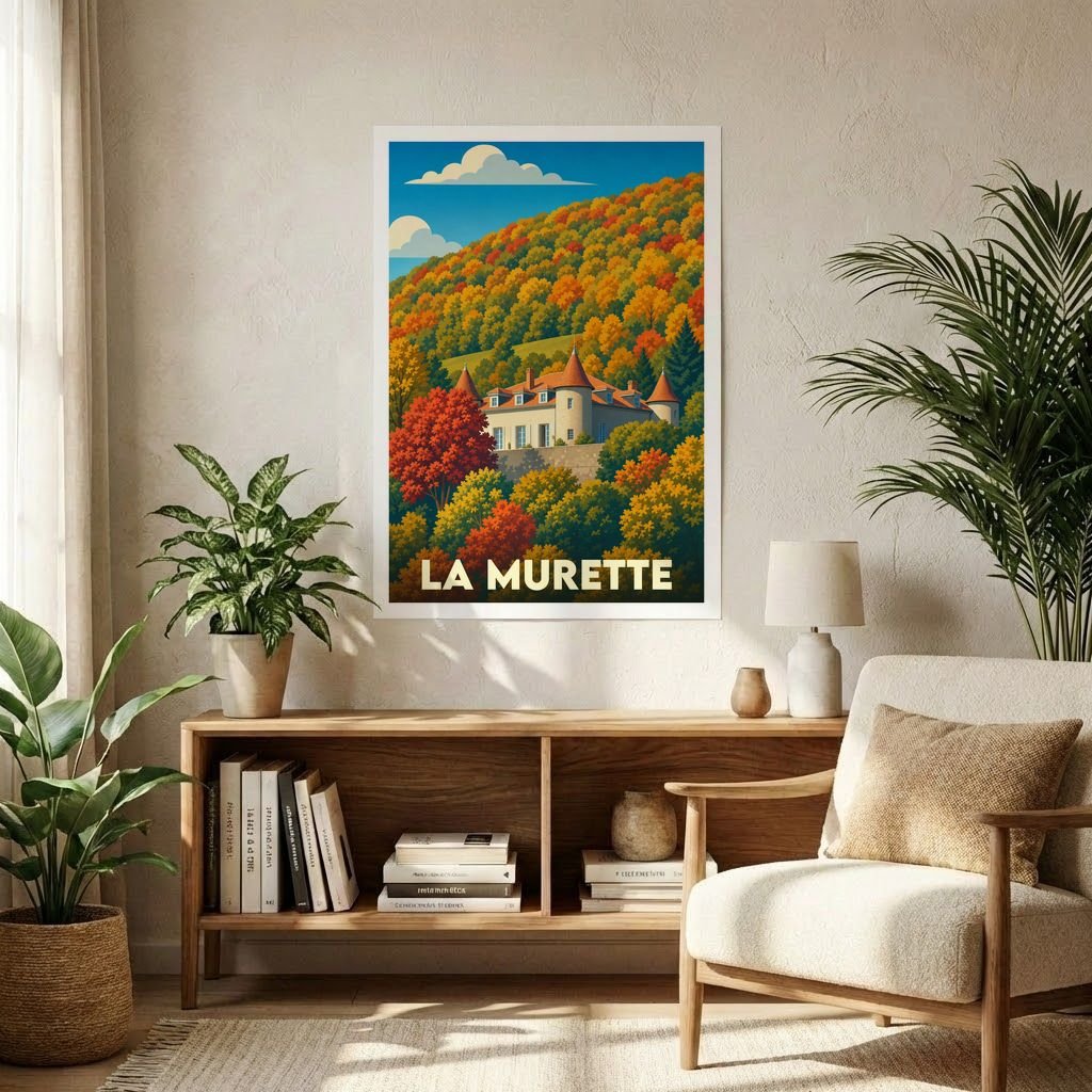 Affiche de format A1 de la ville de La Murette représentant un château niché dans une forêt aux couleurs automnales.