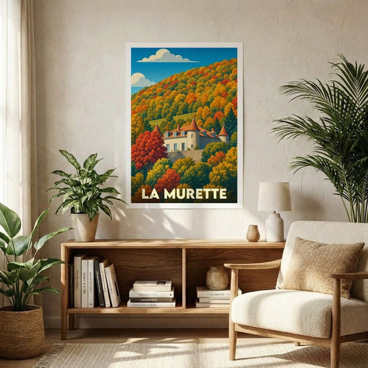 Affiche de format A1 de la ville de La Murette représentant un château niché dans une forêt aux couleurs automnales.