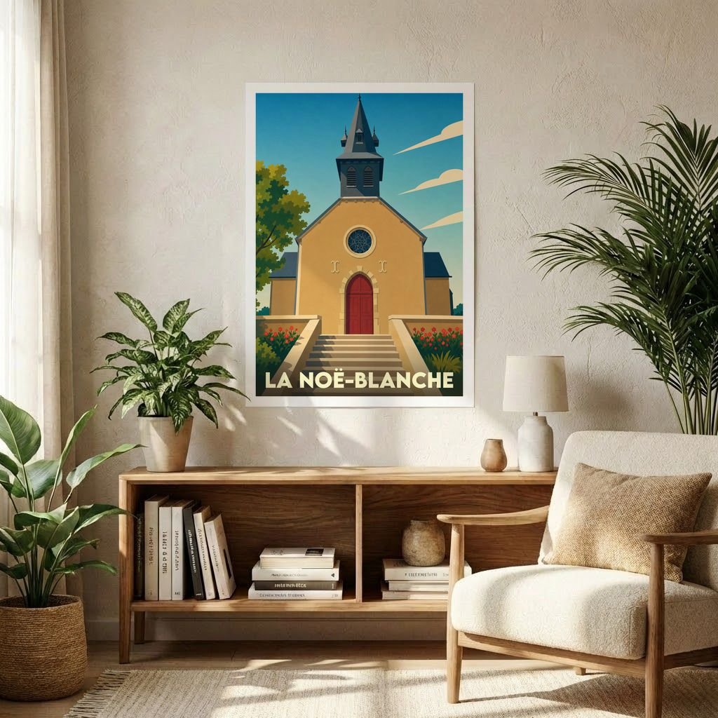 Affiche souvenir de la ville de La Noë-Blanche avec une illustration stylisée de son église.