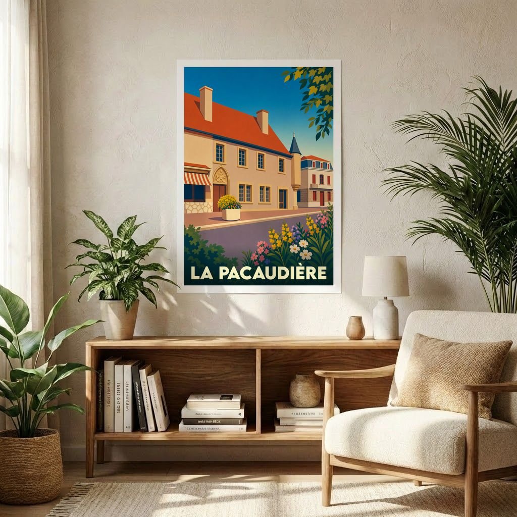 Affiche souvenir de la ville de La Pacaudière avec une illustration stylisée et colorée.
