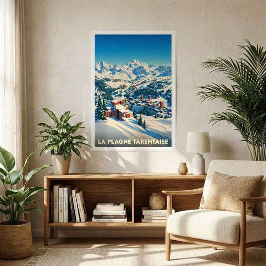 Affiche souvenir de la ville de La Plagne Tarentaise avec une illustration stylisée de station de ski en montagne.
