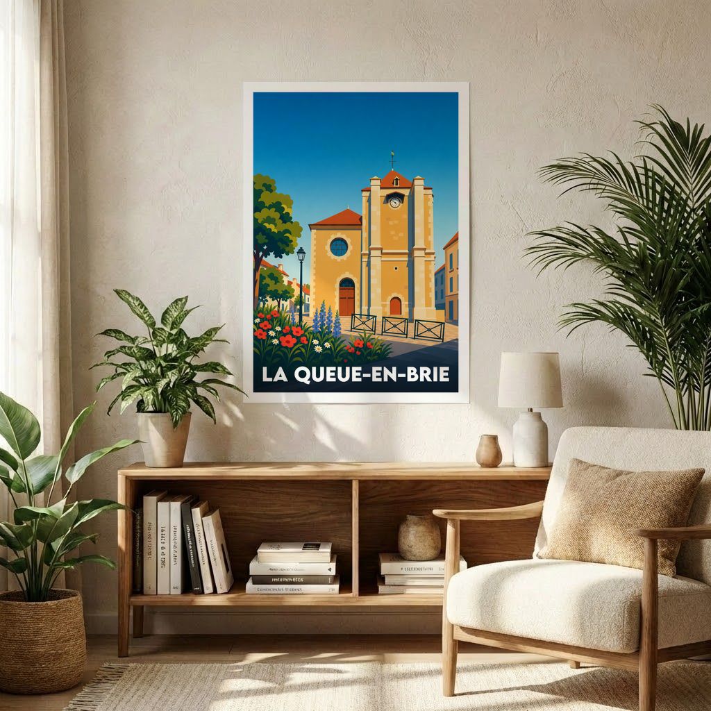 Affiche souvenir de la ville de La Queue-en-Brie avec une illustration stylisée de son église.