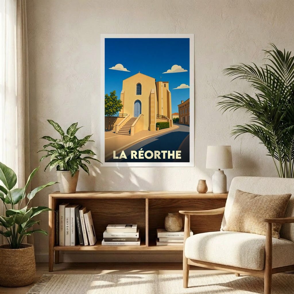 Affiche souvenir de la ville de La Réorthe avec une illustration stylisée de son église sous un ciel bleu.