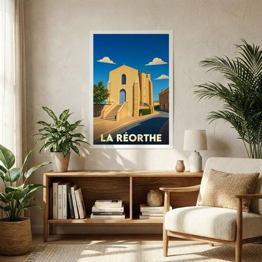 Affiche souvenir de la ville de La Réorthe avec une illustration stylisée de son église sous un ciel bleu.