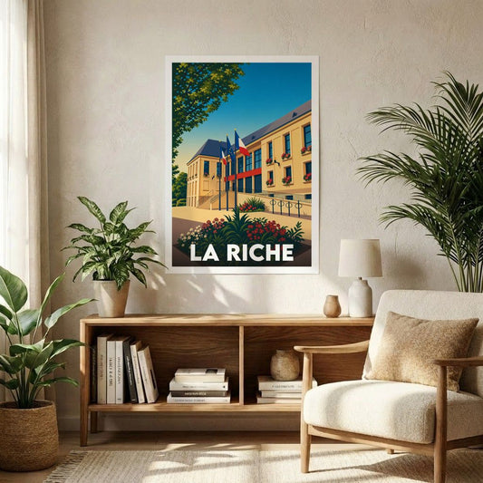 Affiche souvenir de la ville de La Riche avec une illustration stylisée de son hôtel de ville.