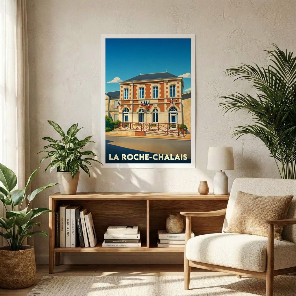 Affiche souvenir de la ville de La Roche-Chalais avec une illustration stylisée de sa mairie.