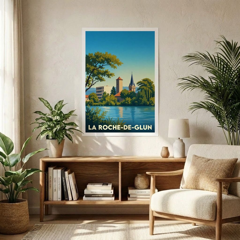 Affiche souvenir de la ville de La Roche-de-Glun avec une illustration stylisée d'un paysage au bord de l'eau.