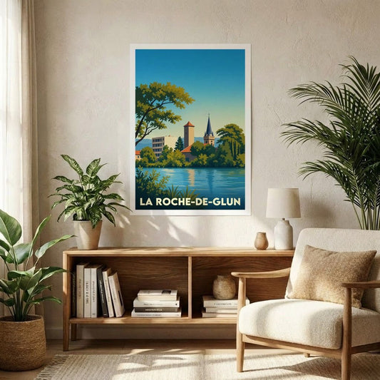 Affiche souvenir de la ville de La Roche-de-Glun avec une illustration stylisée d'un paysage au bord de l'eau.