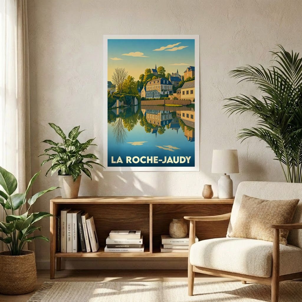 Affiche souvenir de la ville de La Roche-Jaudy avec une illustration stylisée d'un paysage urbain se reflétant dans l'eau.