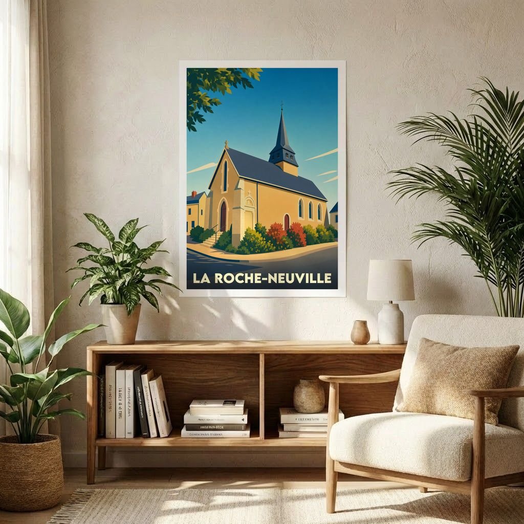Affiche souvenir de la ville de La Roche-Neuville avec une illustration stylisée de son église.