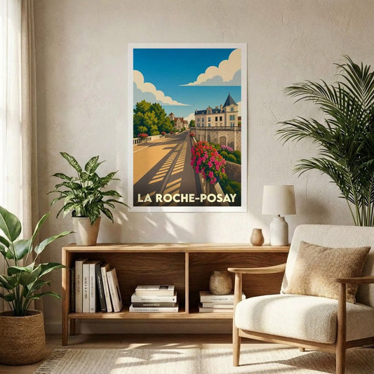 Affiche souvenir de la ville de La Roche-Posay avec une illustration vintage de ses bâtiments et jardins.