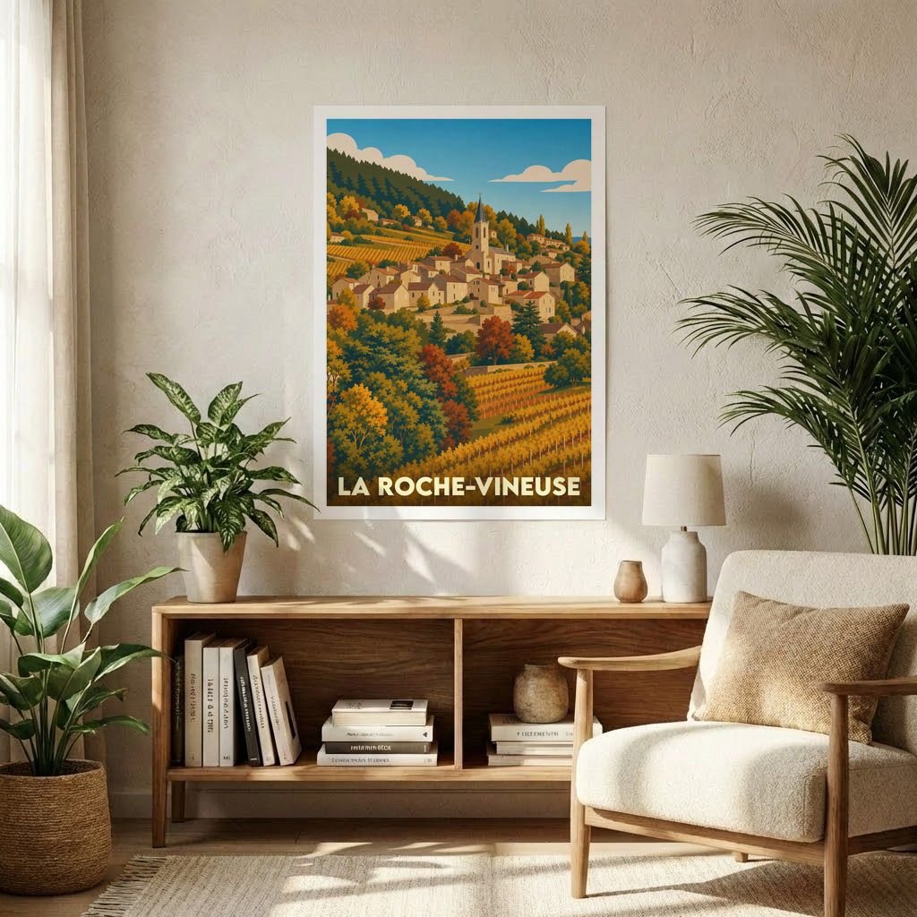 Affiche souvenir de la ville de La Roche-Vineuse représentant un paysage de vignobles et de village avec une illustration stylisée.