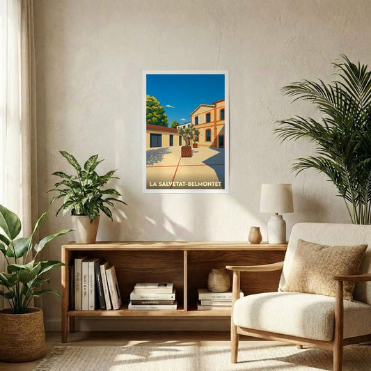 Affiche souvenir de la ville de La Salvetat-Belmontet avec une illustration stylisée d'une place ensoleillée.