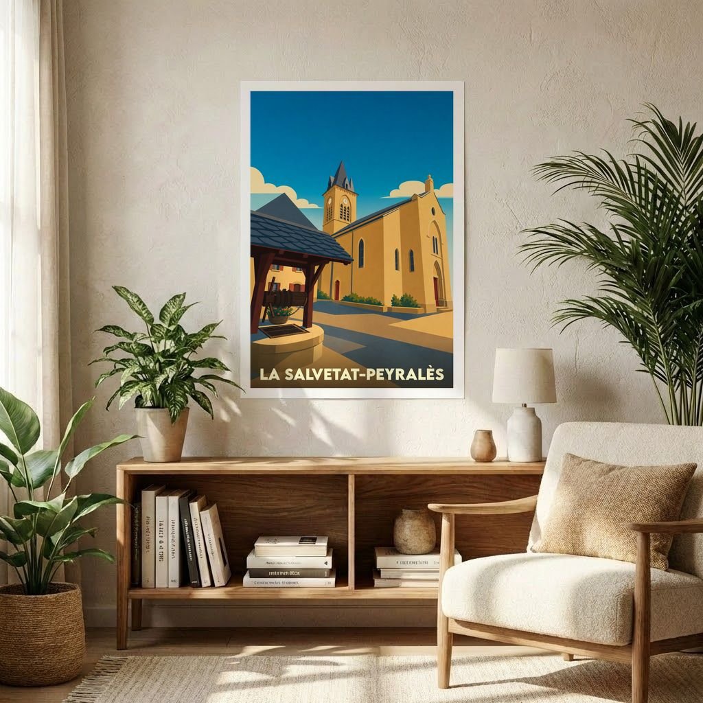 Affiche souvenir de la ville de La Salvetat-Peyralès avec une illustration stylisée de son église et d'un puits ancien.