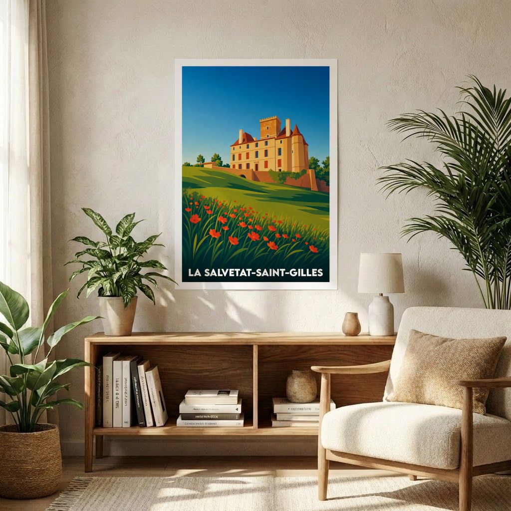 Affiche souvenir de la ville de La Salvetat-Saint-Gilles présentant une illustration stylisée de son château et d'un champ de coquelicots.