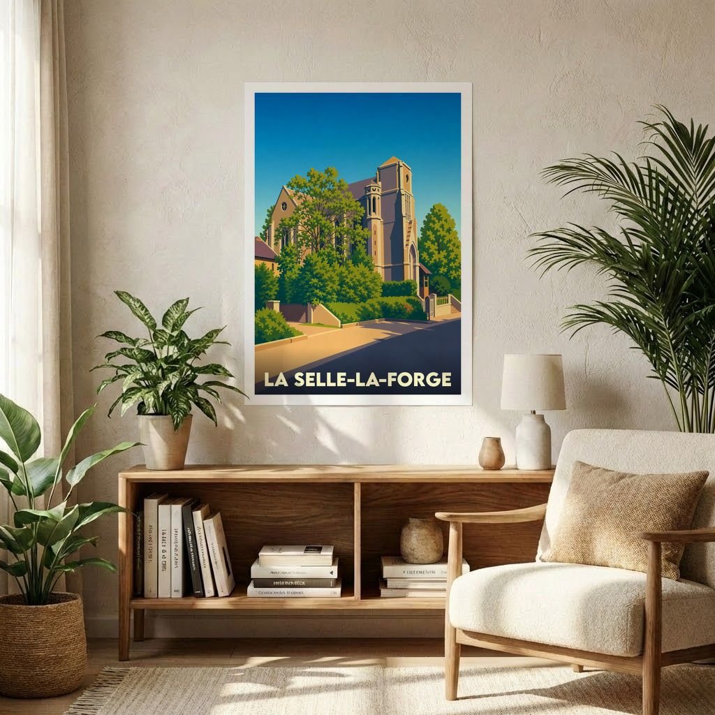 Affiche souvenir de la ville de La Selle-la-Forge avec une illustration stylisée de son église entourée de verdure.