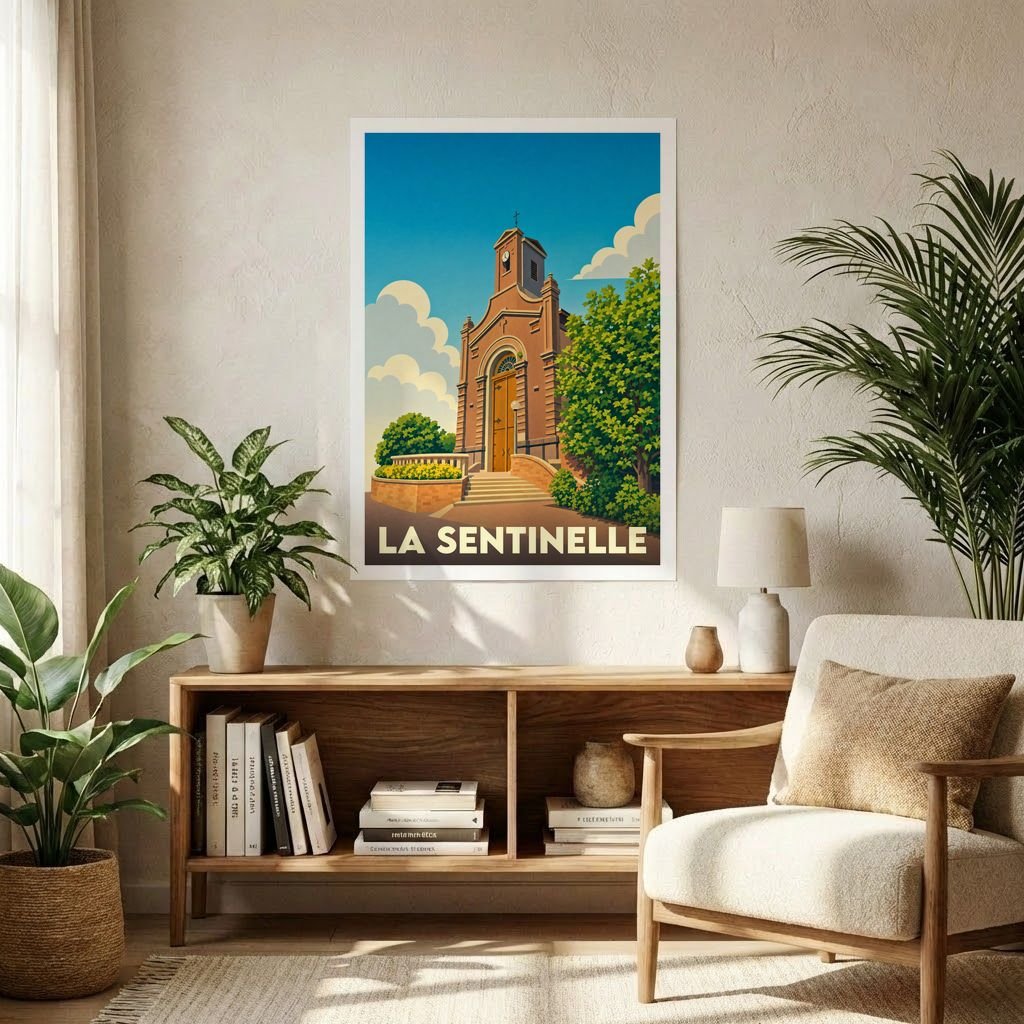 Affiche souvenir de la ville de La Sentinelle avec une illustration stylisée de son église.