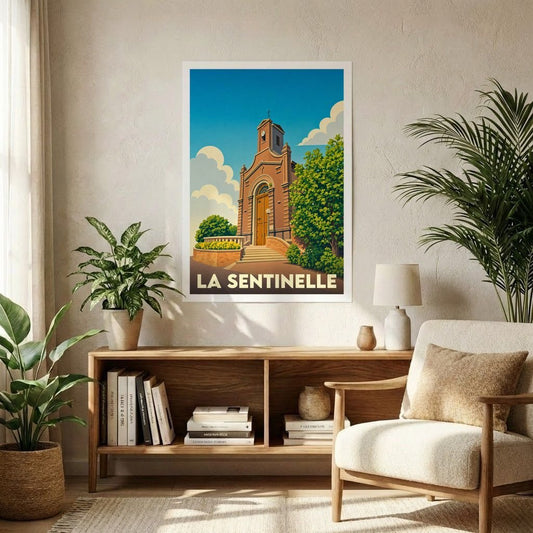 Affiche souvenir de la ville de La Sentinelle avec une illustration stylisée de son église.