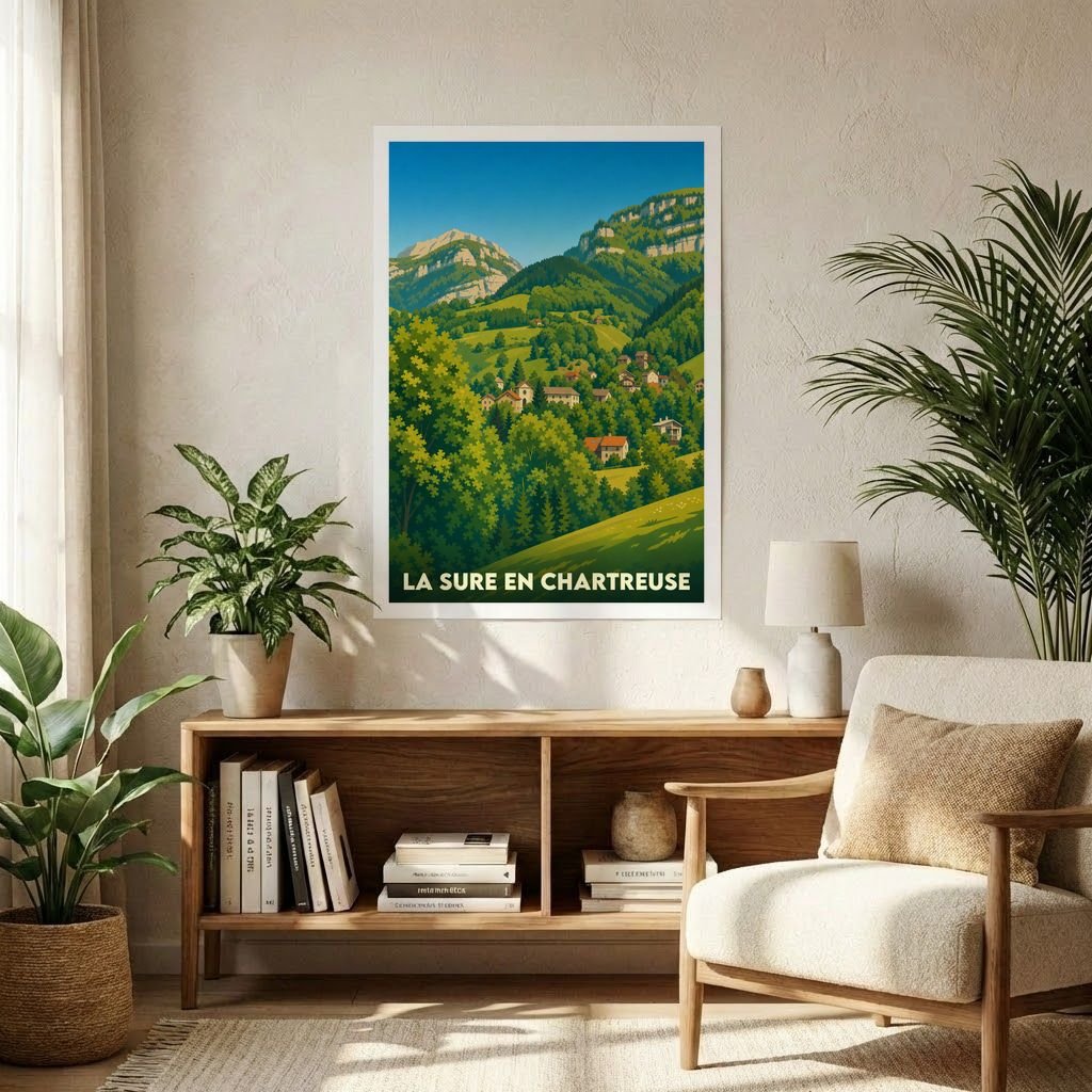 Affiche souvenir de la ville de La Sure en Chartreuse avec une illustration stylisée de ses paysages montagneux.