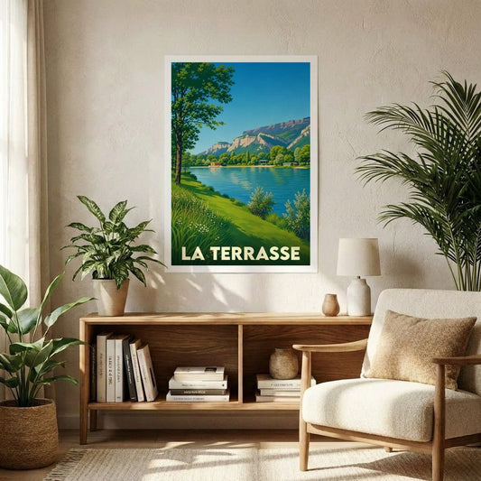 Affiche souvenir de la ville de La Terrasse représentant un paysage lacustre et montagneux avec une illustration stylisée.