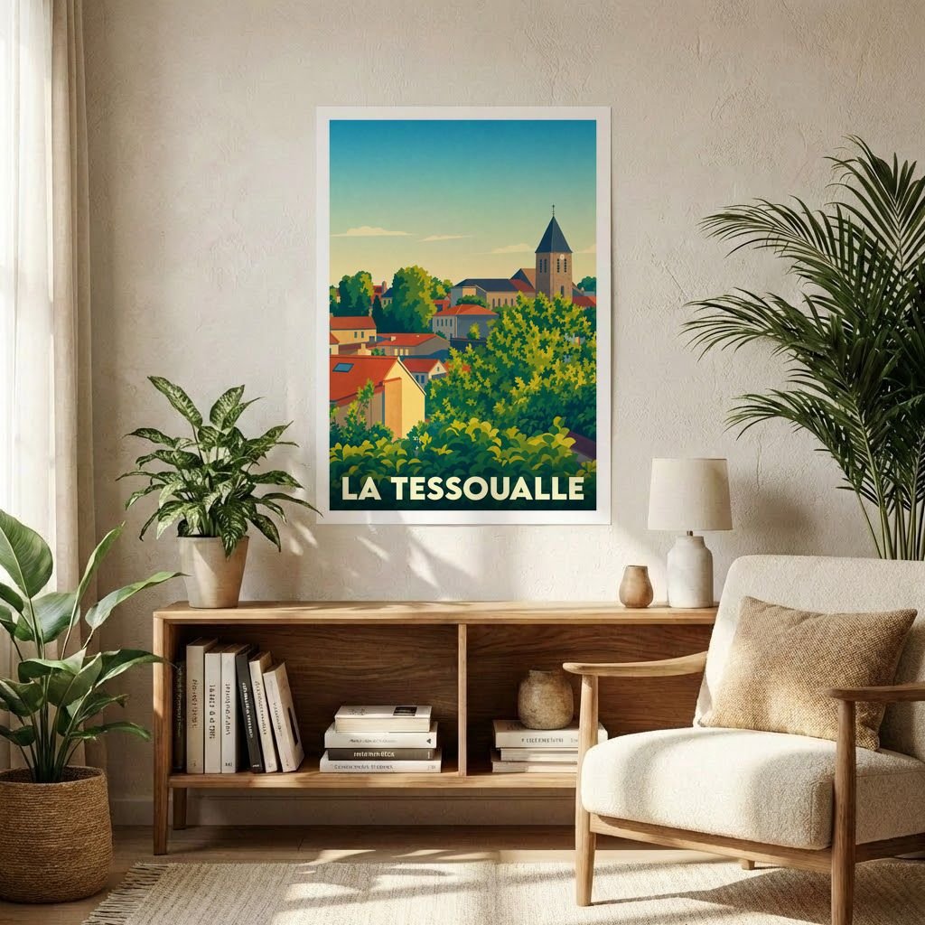 Affiche souvenir de la ville de La Tessoualle avec une illustration stylisée.