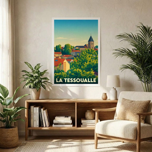 Affiche souvenir de la ville de La Tessoualle avec une illustration stylisée.