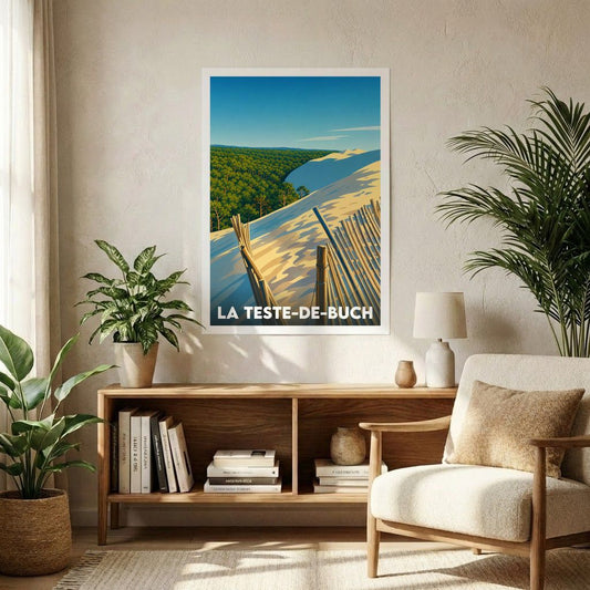 Affiche souvenir de la ville de La Teste-de-Buch avec une illustration stylisée de ses paysages de dunes.