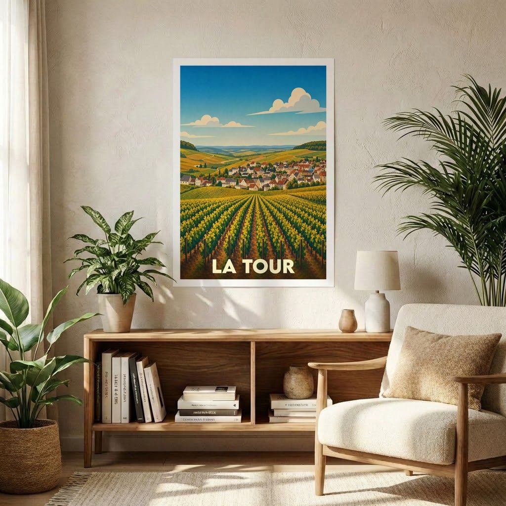 Affiche souvenir de la ville de La Tour représentant un paysage de vignobles avec une illustration stylisée.